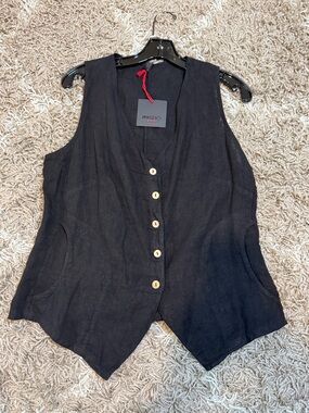 NWT Inizio Made in Italy Linen V-Neck Button Vest Black size Large